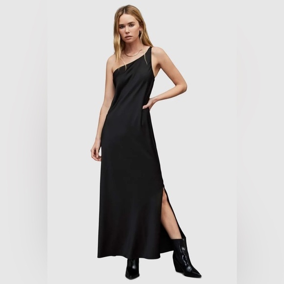 AllSaints Studio One-Shoulder Maxi Slip Slit Dress Black Size Large - Picture 1 of 8